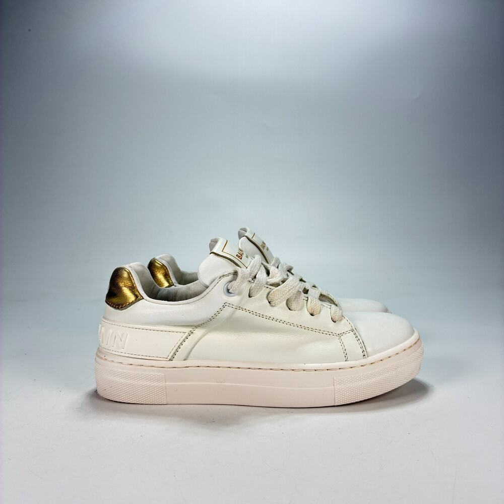 Balmain B Court White Gold Metallic Leather Low Top Sneakers Shoes Kids Size 12